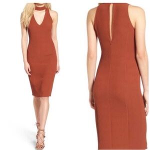 Leith ribbed halter key hole neck dress in rust orange color size XS